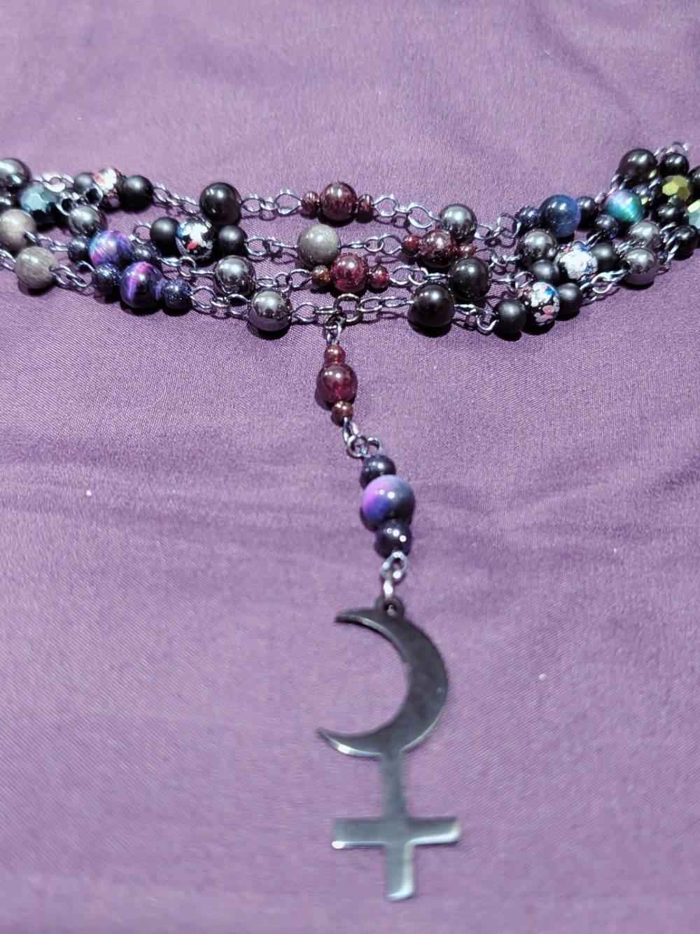 Handmade Gothic Rosary Style Necklace with Dark Moon Lilith Pendant